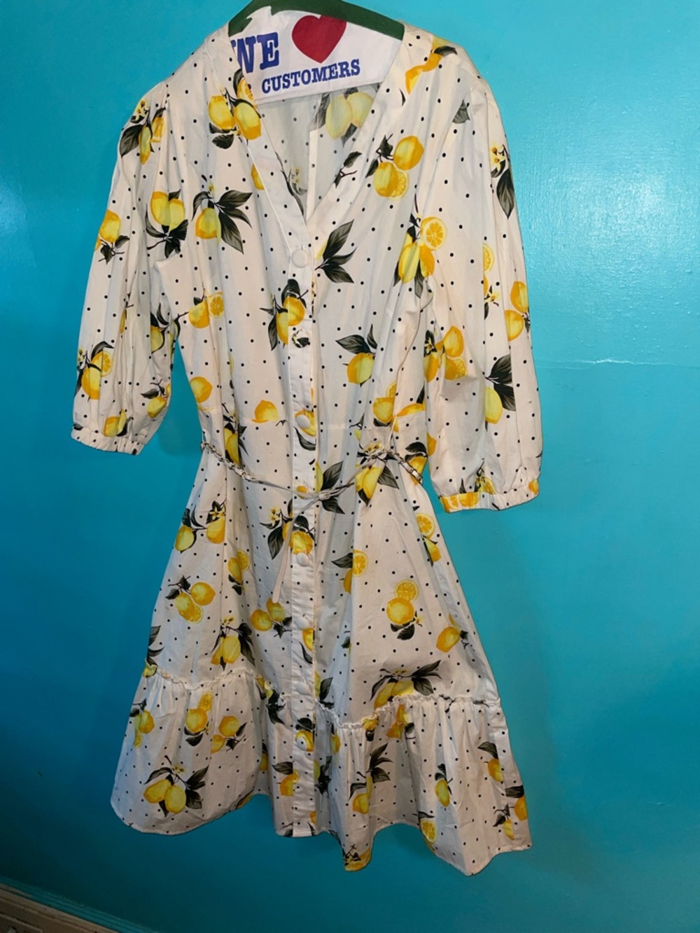 Lemon Print Button-Front Dress in White and Yellow